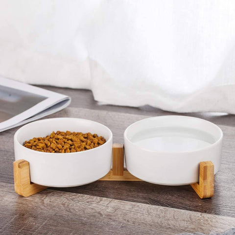 Ceramic Cat Dog Bowl with Anti-Slip Bamboo Wood Stand