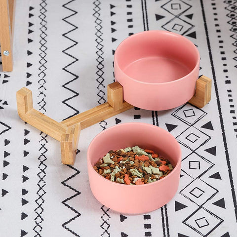 Ceramic Cat Dog Bowl with Anti-Slip Bamboo Wood Stand